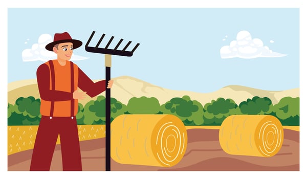 Farmer standing in a field with hay bales and farming tools. vector