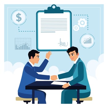 Two businessmen finalizing an agreement through a handshake. vector
