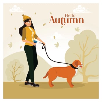 Woman walking her dog through an autumn park with falling leaves. vector