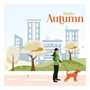 Woman walking with dog in city park in autumn. vector