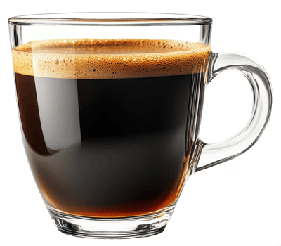 Aromatic Dark Coffee in a Clear Glass Mug Hot Beverage Caffeine Drink Rich Brew png