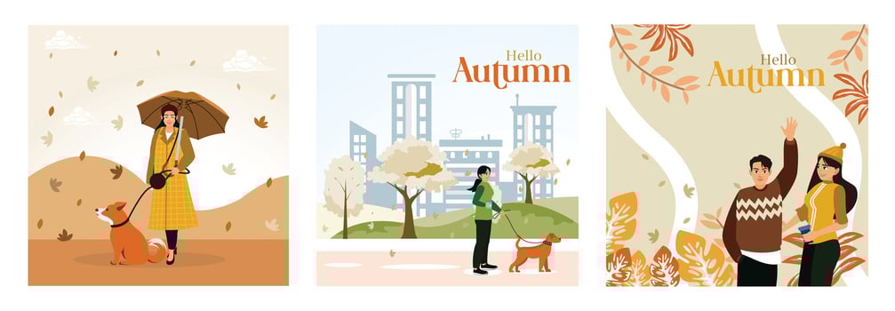Woman walks her dog in the city park and enjoys the falling leaves. vector