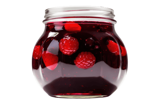 Jar of mixed berry jam filled with vibrant fruits on a transparent background png