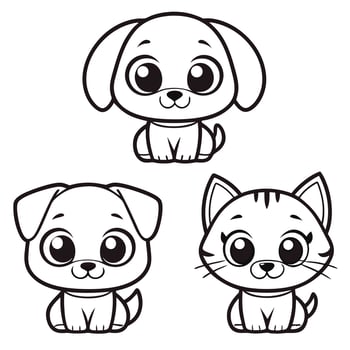 Puppy and Kitten Trio Fun Black and White Coloring Art vector