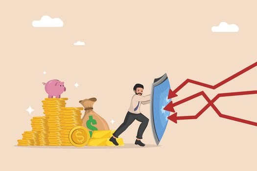 Businessman Protecting Money Wealth and Gold Assets with Shield Against Financial Attack Concept. vector
