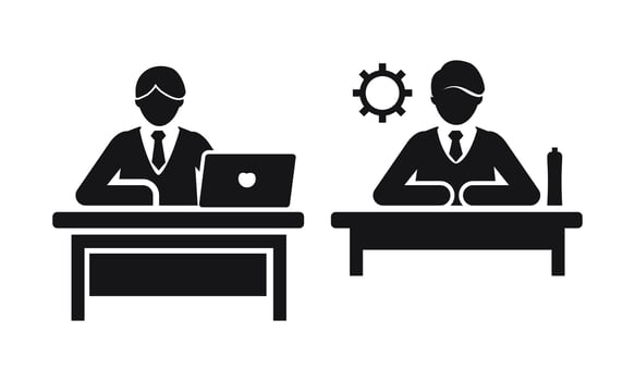 Teamwork Icon with Two Businessmen, Computers, and Gear Mechanism vector