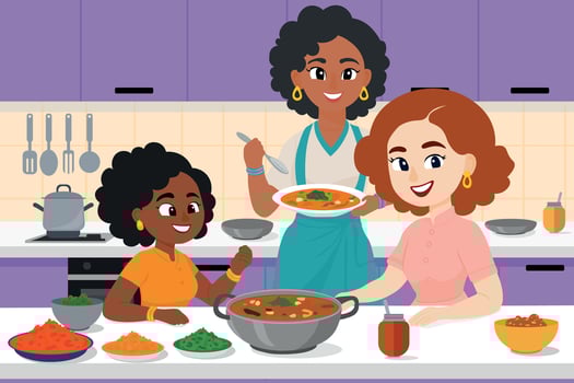 Diverse Group Cooking Together. Family Kitchen Scene vector