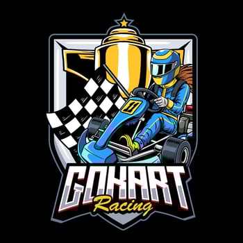 Go Kart sport blue color with a woman driver, gold trophy from side view emblem cartoon illustration vector
