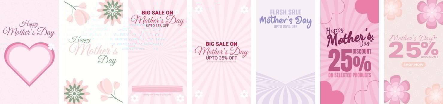 Mother Day sale banner collection with floral and heart themed designs, up to 25-35 Percent Discount offers in pink pastel layouts, Social Media Post Designs for Sales and Product Marketing vector