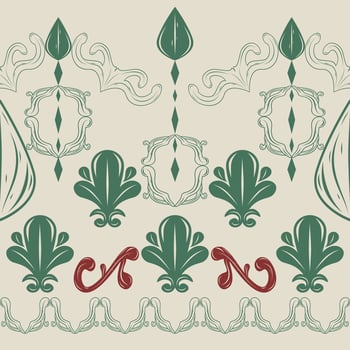 Exotic Fleur de lis Delicate Scroll Ornament Line Drawing and Bold Ornament for Vintage Luxury Decoration. Greenish Maroon Pattern on Beige Background Florals Border Pattern Stripe Embroidery Apparel vector