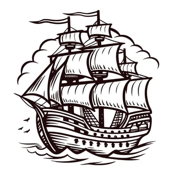 Vintage sailing ship with billowing sails and ocean waves in nautical vector