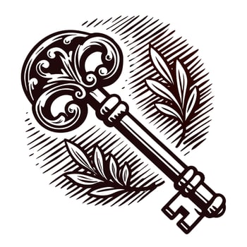 Vintage ornate key with decorative elements surrounded by leaves in monochrome vector