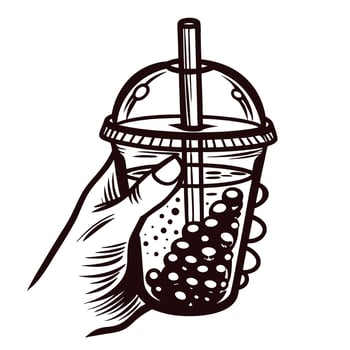 Hand holding bubble tea cup with straw and tapioca pearls in minimalist line art design vector