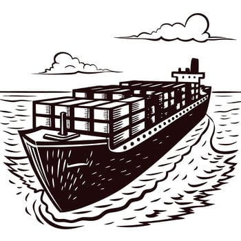 Container ship sailing in ocean waves depicted in vintage woodcut art vector