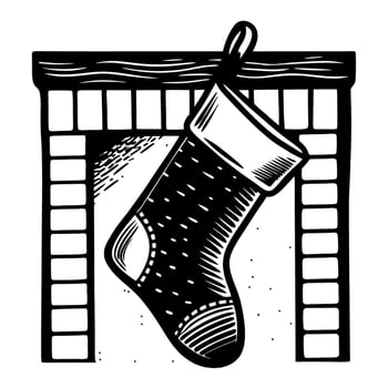 Christmas stocking hanging on fireplace in black and white woodcut art design vector