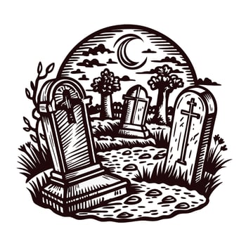 Ancient graveyard at night with crescent moon and old tombstones amidst trees vector