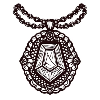 Intricate vintage pendant necklace with gemstone design and ornate details in monochrome vector