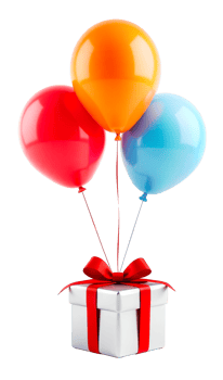 Elegant white gift box with red ribbon bow on transparent background, wrapped presents and colorful balloons for Instagram stories, vertical banners, or posters for your festive design png