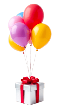 Elegant white gift box with red ribbon bow, isolated on transparent background, wrapped presents and vibrant balloons for Instagram, vertical banners, or festive posters, elements for your design png