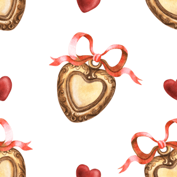 Heart locket bronze pendant seamless pattern with red bow in vintage style. Watercolor texture of golden jewelry. Symbol of love, passion and memory. Valentine's day, Mother's day decor, fabric, print png