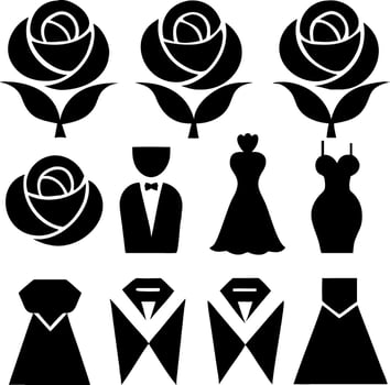 Elegant Wedding Icons Set Roses, Gowns, Tuxedos Formal Attire Silhouettes vector