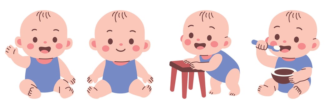 Charming cartoon illustrations depict baby milestones, including sitting, crawling, waving, and eating. Perfect for illustrating early childhood. vector