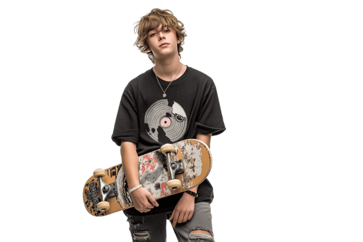 Confident Teenager Holding a Stylish Skateboard png