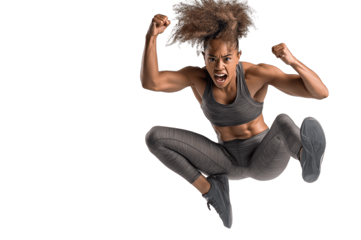 Powerful Woman Mid-Jump in Intense Workout png