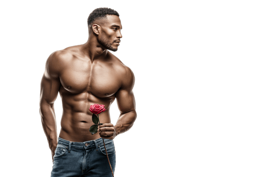 Muscular Man Gently Holding a Single Red Rose png