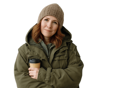 Warmly Dressed Woman Holding Coffee in Winter's Embrace png