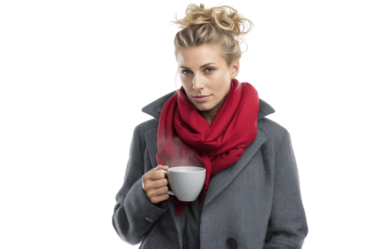 Elegant Woman Embracing a Steaming Cup on a Chilly Day png