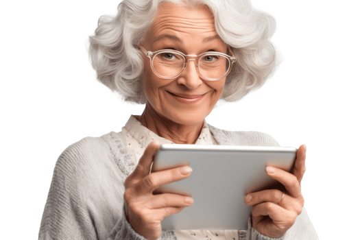 an elderly woman with glasses holding a tablet computer png