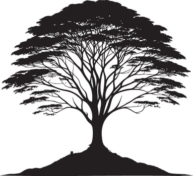 A black tree silhouette, a nature symbol with branches and roots, stands stark against white vector