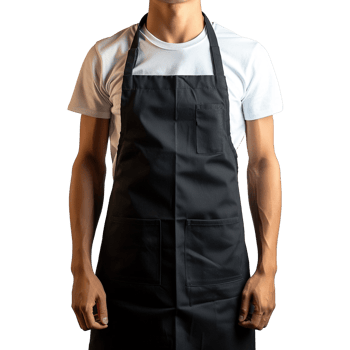 Black Kitchen Apron with Multiple Utility Pockets Worn by Male Model in White T-shirt Against Transparent Background png