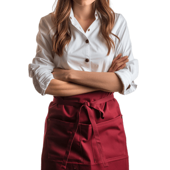 Professional Female Chef or Waitress in Elegant White Shirt and Burgundy Apron Standing with Crossed Arms on Transparent Background png