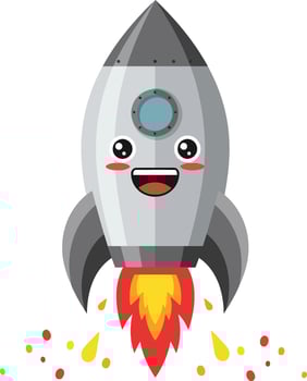 Cute smiling rocket ship blasting off with fiery flames and sparks in cartoon style illustration vector