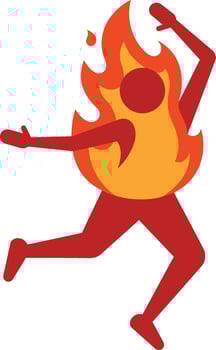 Running human figure engulfed in orange and red flames illustration energetic pose dynamic movement vector