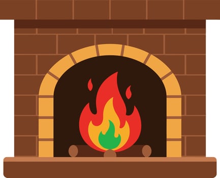 Brick fireplace with burning fire illustration showing warm cozy indoor heat source for home decoration and comfort vector