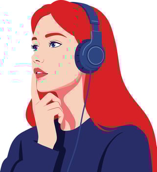 Woman with red hair wearing headphones thinking deeply illustration in profile view vector