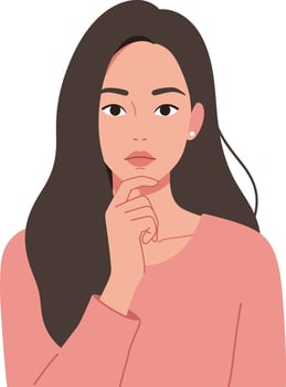 Young woman thinking with hand on chin in pink sweater simple illustration portrait vector