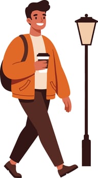 Young man walking with coffee cup and backpack in casual autumn outfit near street lamp illustration vector