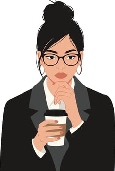 Businesswoman in black suit holding coffee cup and thinking with glasses and bun hairstyle illustration vector