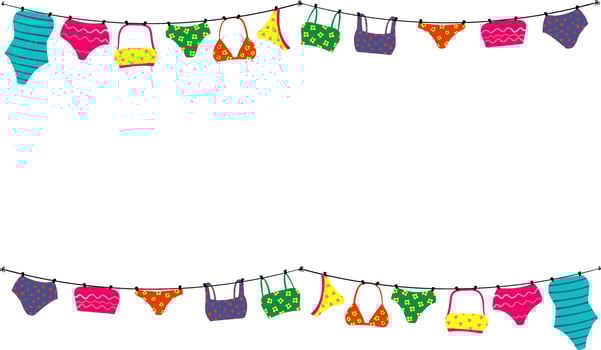 colorful swimwear frame illustration, playful summer beachwear border design with hanging swimsuits, vibrant and fun fashion background with copy space, isolated on white vector