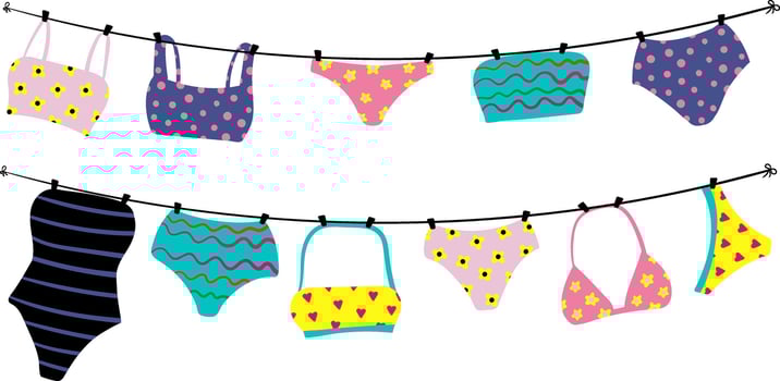 summer swimsuits hanging on clothesline cartoon colorful beachwear collection, cute bikini elements isolated on white background for pool party and vacation design vector