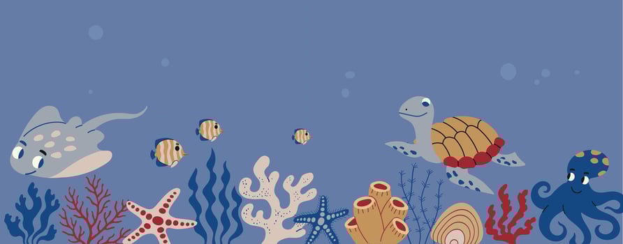 Sea ocean underwater animals ocean plant, coral and algae horizontal background, banner vector