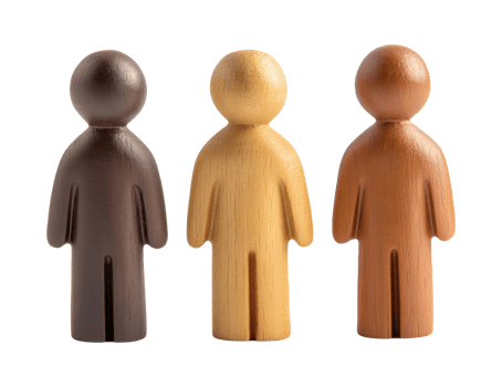 Three wooden figures isolated on transparent background png