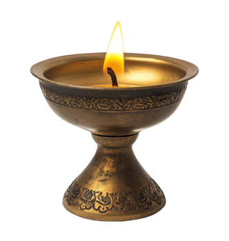 Traditional Diya oil lamp with a burning flame, isolated on a transparent background png