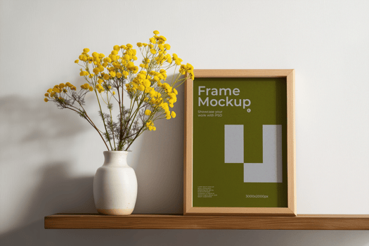 Frame Mockup with Flowers on a Wooden Shelf psd