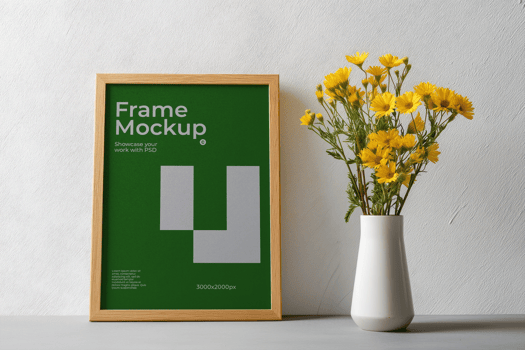 Frame Mockup with Flowers on desk psd
