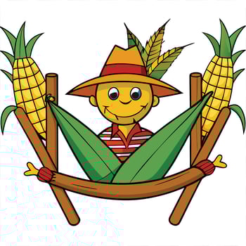 Cartoon corn character relaxing in hammock framed by corn stalks and leaves vector